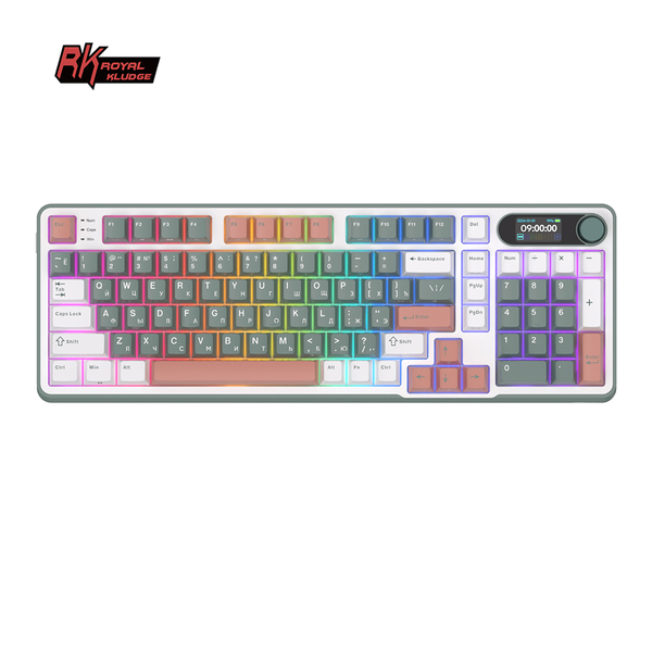 Полноразмерная (96%) механическая клавиатура Royal Kludge RK-S98 - 3 типа подключения, 98 клавиш, Top Mount, профиль PBT Cherry, цвет Camping, переключатели RK Chartreuse