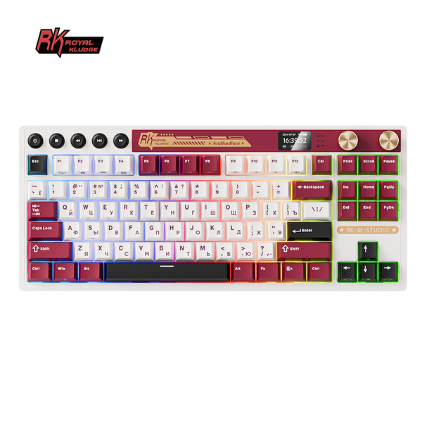 Классическая TKL (80%) механическая клавиатура Royal Kludge RK M87 - 3 типа подключения, 87 клавиш, Gasket Mount,  профиль PBT Cherry, цвет Famicom, переключатели RK Beige
