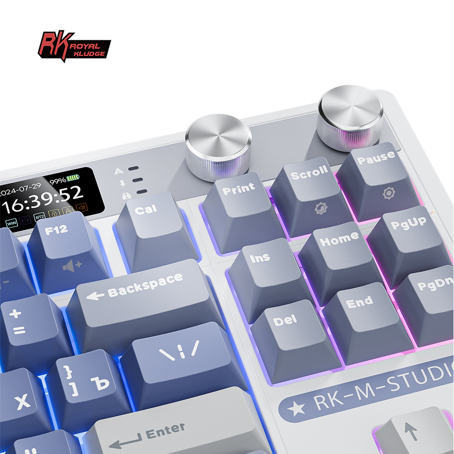 Классическая TKL (80%) механическая клавиатура Royal Kludge RK M87 - 3 типа подключения, 87 клавиш, Gasket Mount,  профиль PBT Cherry, цвет Ocean Blue, переключатели RK Beige