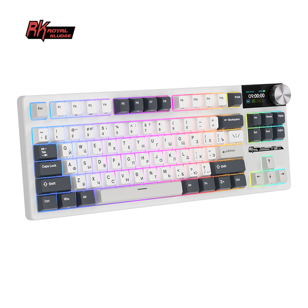 Классическая TKL (80%) механическая клавиатура Royal Kludge RK S85 - 3 типа подключения, 85 клавиш, Gasket Mount,  профиль PBT Cherry, цвет White Night, переключатели RK Cloud
