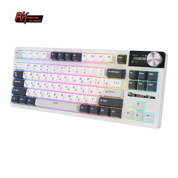 Классическая TKL (80%) механическая клавиатура Royal Kludge RK S85 - 3 типа подключения, 85 клавиш, Gasket Mount,  профиль PBT Cherry, цвет White Night, переключатели RK Beige