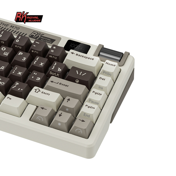 Компактная (75%) механическая клавиатура Royal Kludge RK M70 - 3 типа подключения, 73 клавиши, Gasket Mount,  профиль PBT Cherry, цвет Mokko Grey, переключатели RK Beige